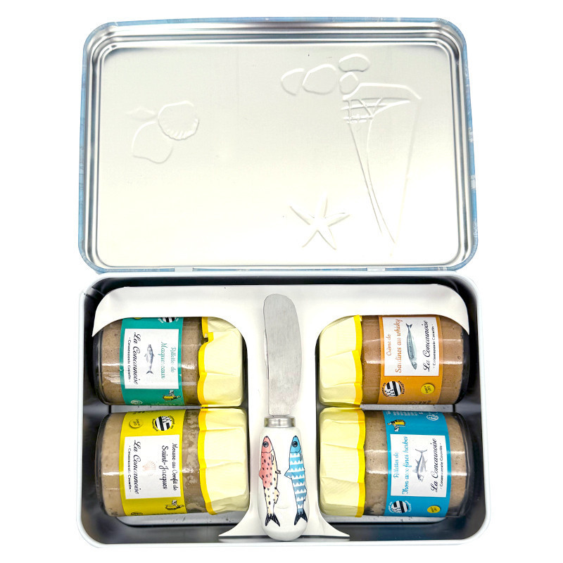Boîte coquillage 4 tartinables et couteau Sardines